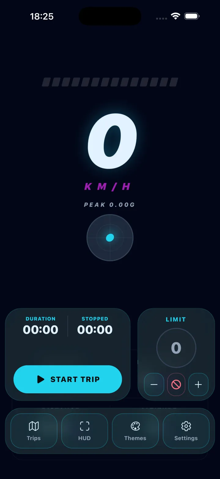Speedometer Lite main screen showing current speed, peak G-force and trip controls